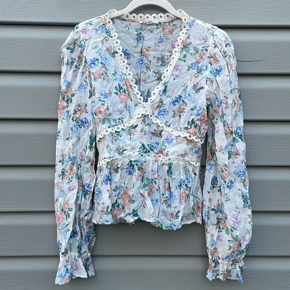 Amazon Tops - Floral Print V-Neck Peplum Peasant Blouse